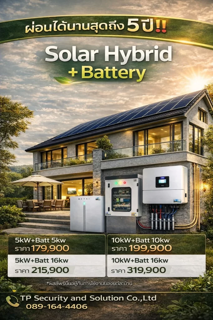 ติดตั้งโซล่าเซลล์ Hybrid 5kW 10kW พร้อมแบตเตอรี่ นนทบุรี ราคาพร้อมติดตั้ง ประหยัดค่าไฟ
